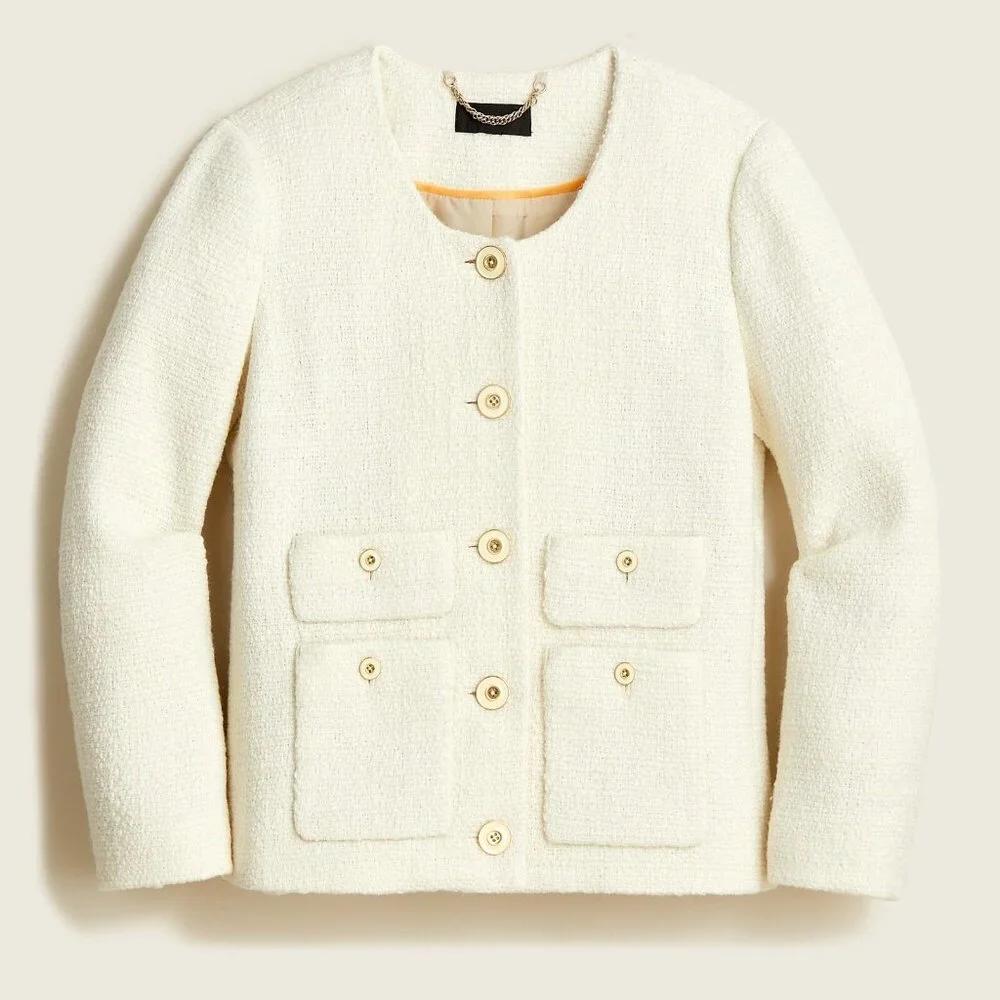 NWT J.Crew Lady Jacket in Ivory Maritime Tweed Collarless Wool Blend 16